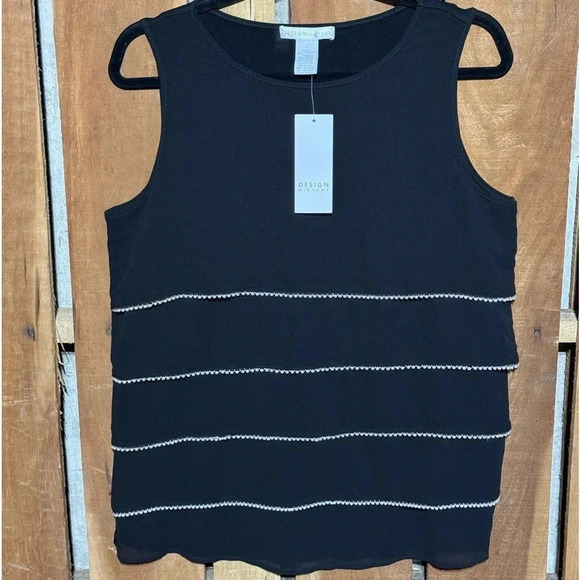 Design History Tops - NWT Design History Black Pearl Rimmed Tiered Tank Top Size L With Solid Back